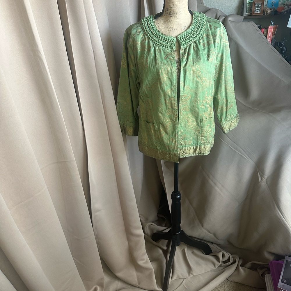 Chico's Green/Gold 3/4 Sleeve Jacket w/ Beaded Neckline – Size Medium (No Tag)